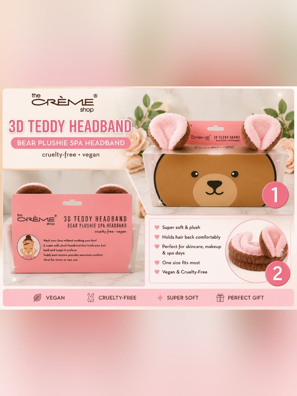🧸The Crème Shop Pink 3D Teddy Plush Spa Headband for Kids